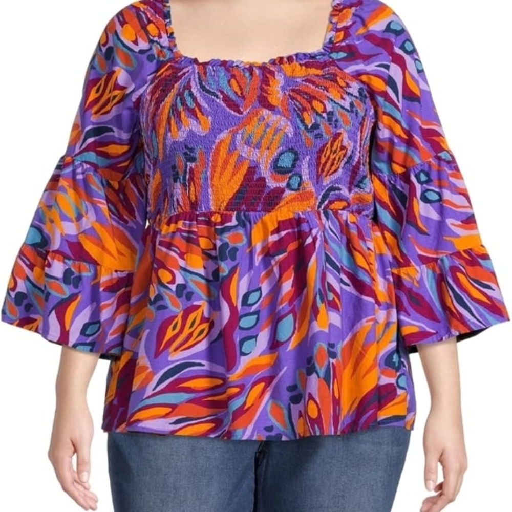 ☀️ Terra & Sky Abstract Print Smocked Top (Size 3X / 24W-26W).